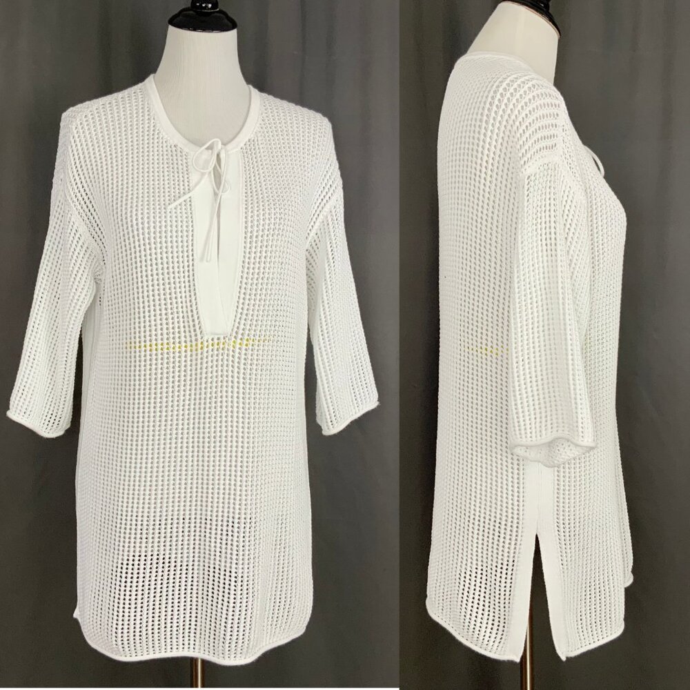 Theory White Open Knit Crochet Tunic Top Cover Up Cotton Blend Sz M - Picture 10 of 16